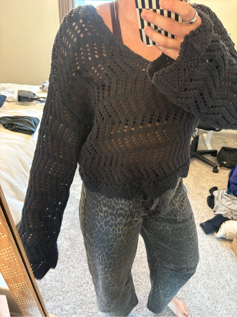 Women's Open-Knit Black V-Neck Sweater